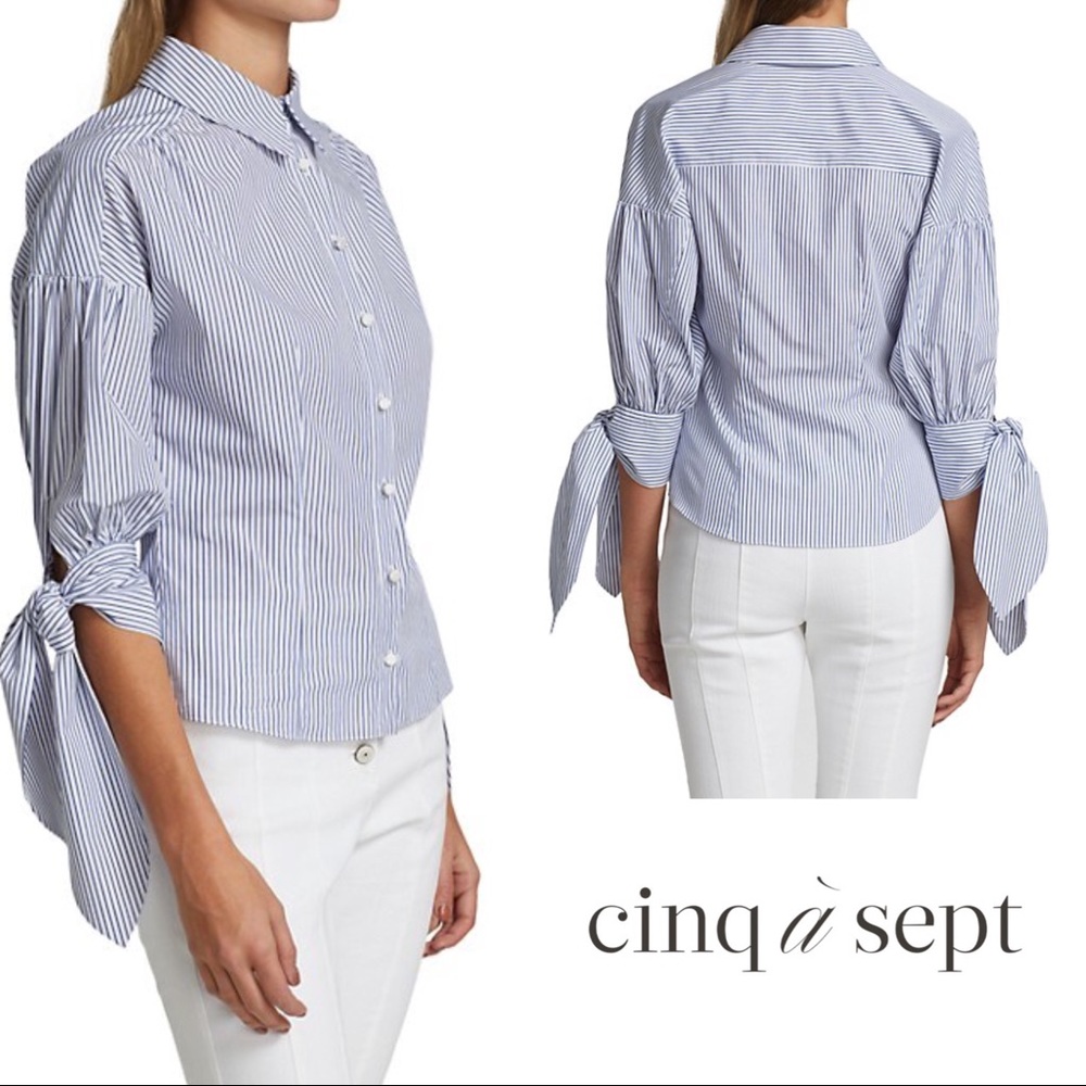 Cinq à Sept Theresa Tie-Cuff Top in Deep Ultramarine White